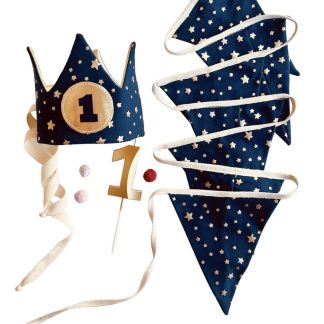 Set Oferta: corona con estrellas con edad + guirnalda de banderines + velita purpurina de 1 año