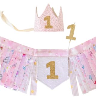Set oferta: Corona reversible floral + guirnalda para el primer añito + vela 1 año (único set)