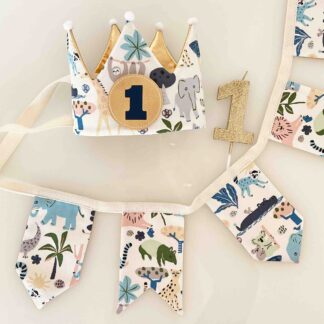 Set Oferta Reversible: corona con animalitos con edad + guirnalda de banderines + velita purpurina de 1 año
